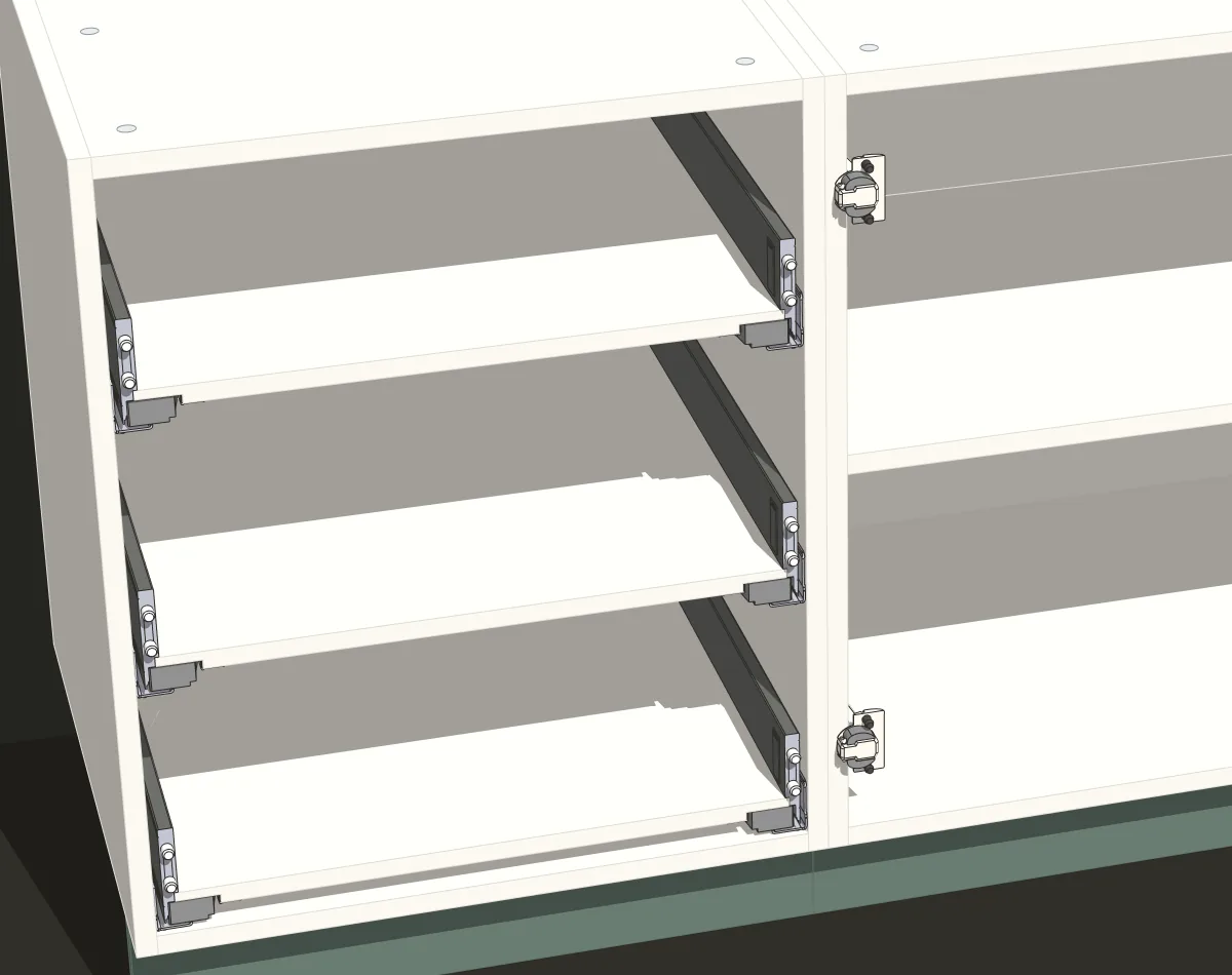 Close-up: the drawer bottoms on Blum LEGRABOX runners in the drawer unit and two Blum hinges with their plates on the side of the door unit.