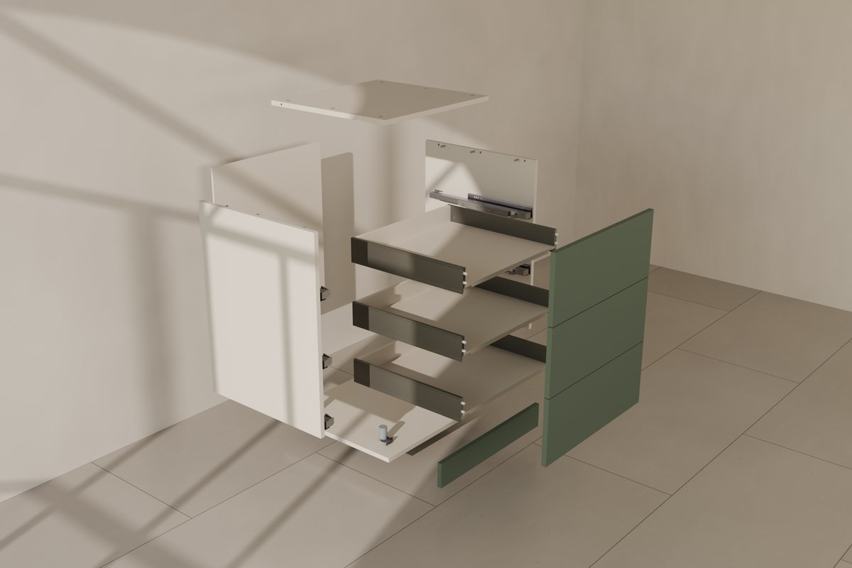 The K2 drawer unit taken apart into its 15 parts, coded K2‑P01 to K2‑P15: sides, top and bottom, back, the three LEGRABOX drawers and the plinth.