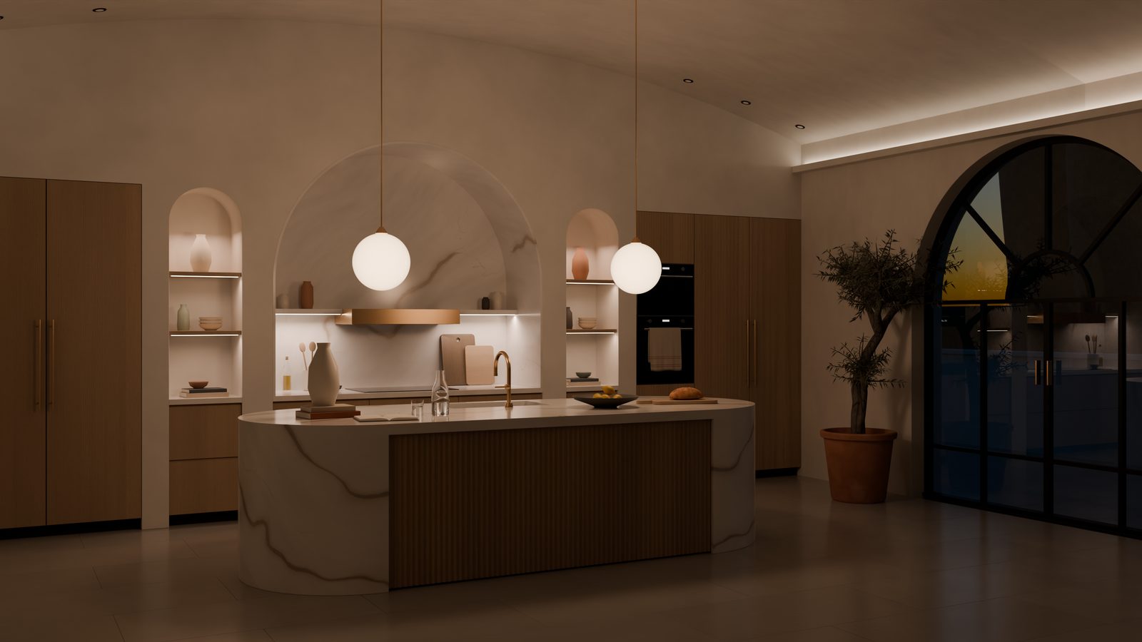 Presentation render of the same kitchen in the evening: the arch and pendant lights on, the olive tree beside the arched window.